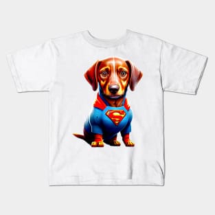 Wiener Hero: Dachshund in Bold Superhero Costume Tee Kids T-Shirt